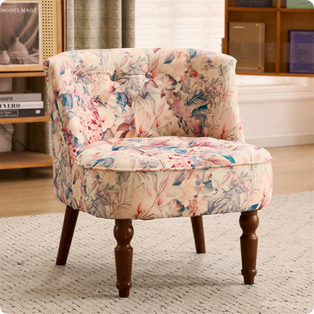 LIVARA Printed Velvet Accent Chair - Floral Single Sofa for Living Room - Pink Garden