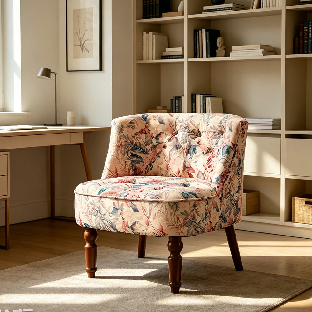 LIVARA Printed Velvet Accent Chair - Floral Single Sofa for Living Room - Pink Garden