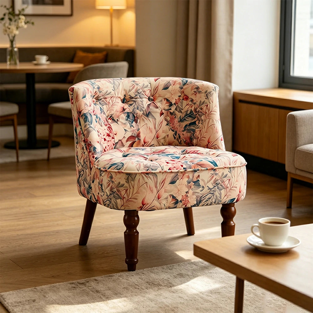 LIVARA Printed Velvet Accent Chair - Floral Single Sofa for Living Room - Pink Garden