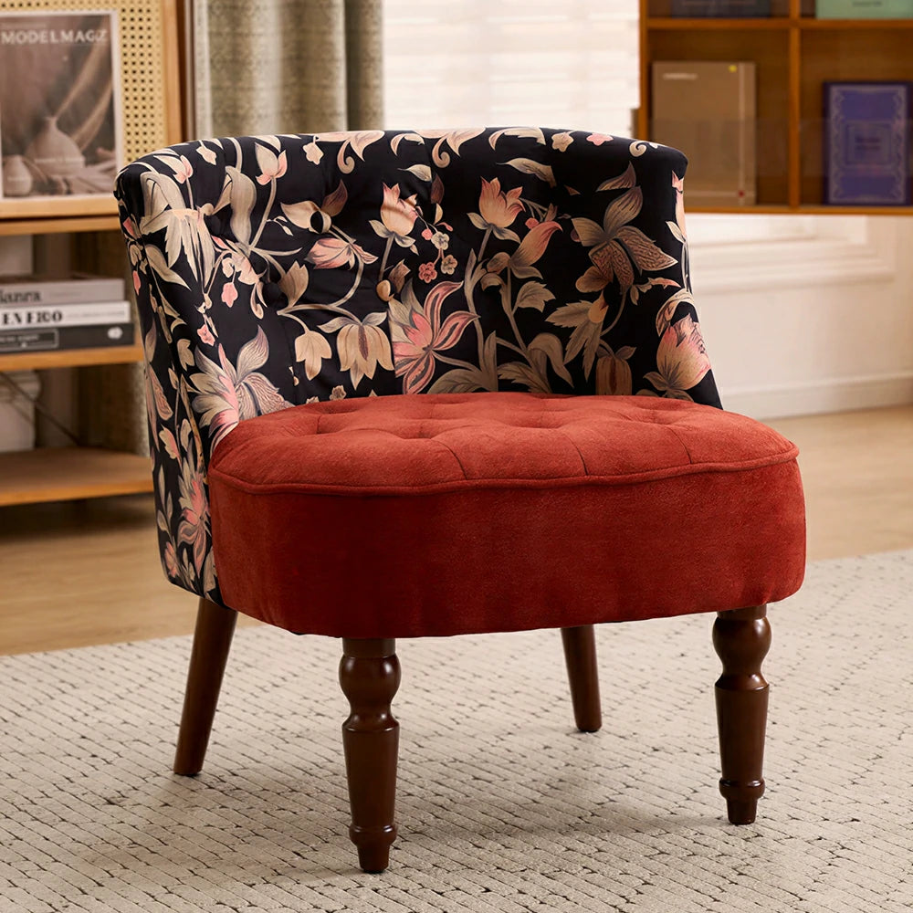 LIVARA Gilded Floral & Red Cotton Linen Accent Chair - Vintage Living Room Single Sofa - Red Floral