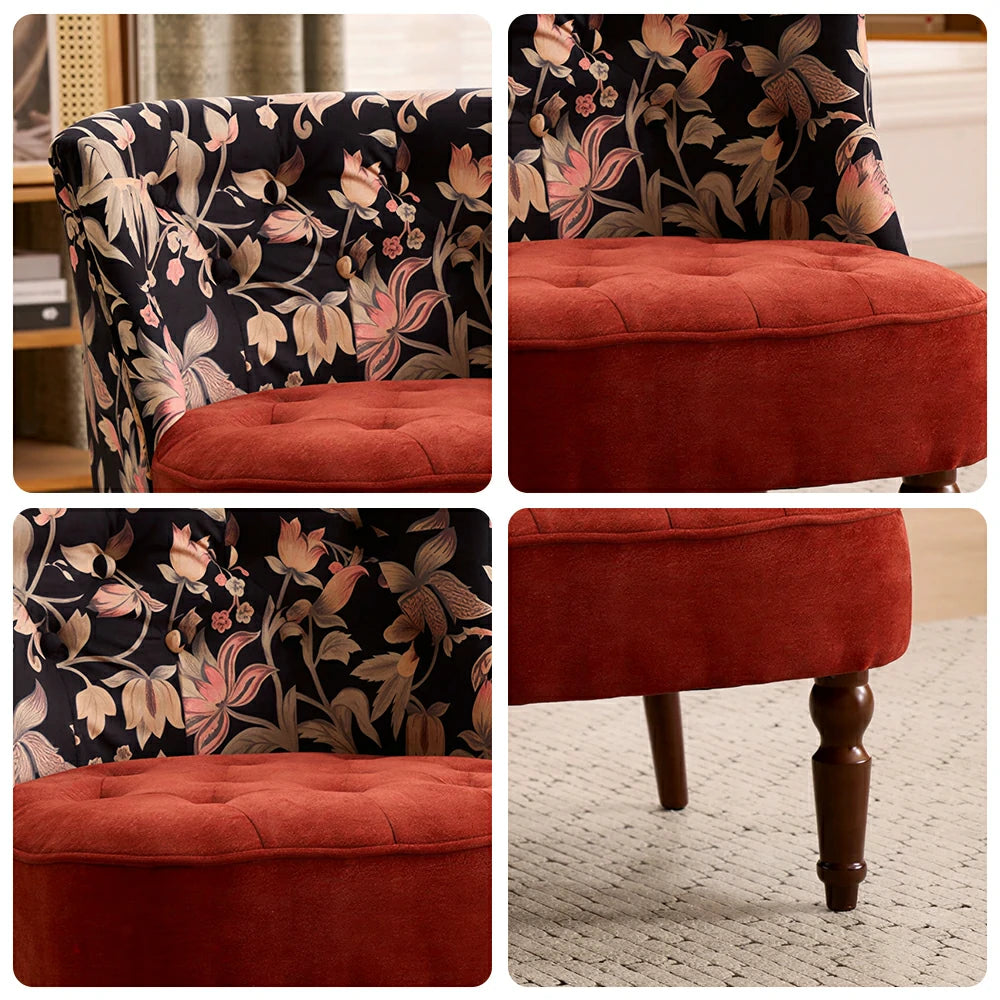 LIVARA Gilded Floral & Red Cotton Linen Accent Chair - Vintage Living Room Single Sofa - Red Floral