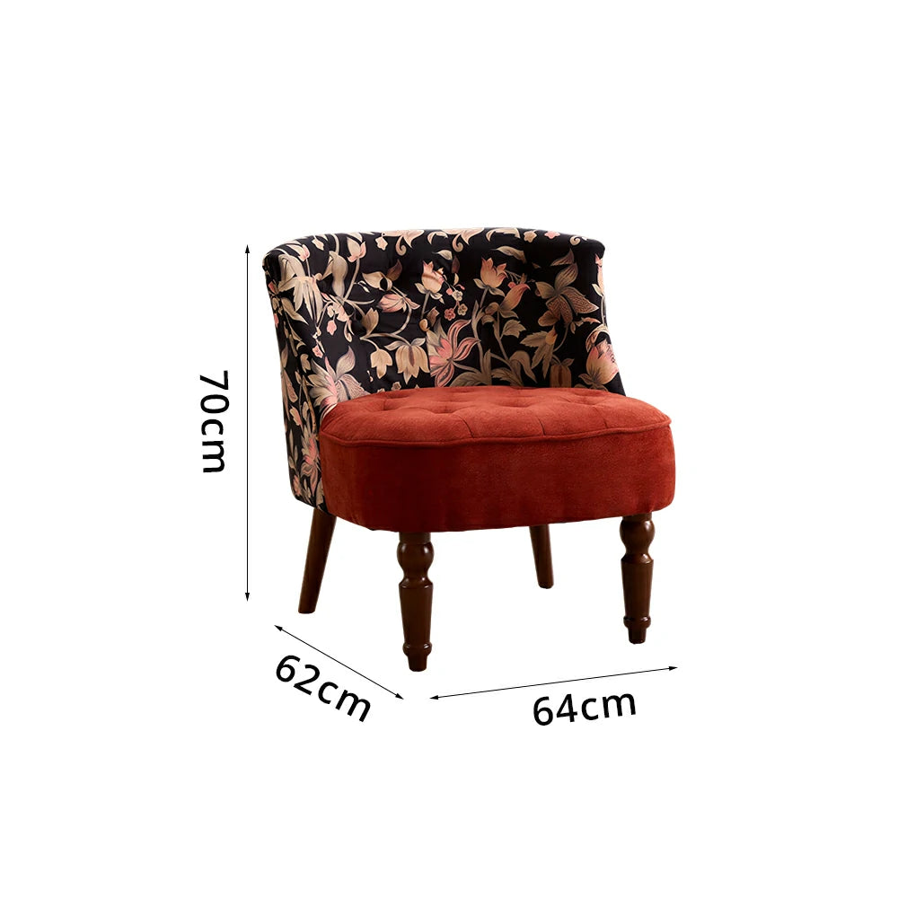 LIVARA Gilded Floral & Red Cotton Linen Accent Chair - Vintage Living Room Single Sofa - Red Floral