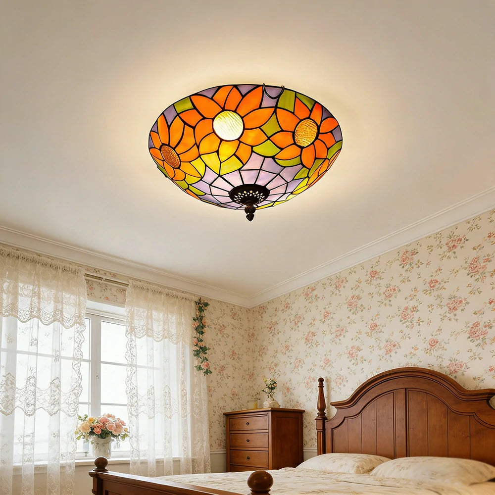 LIVARA Blue Sunflower Stained Glass Ceiling Light Handcrafted Vintage Mediterranean Ambient Lighting 30/40cm Living Bedroom Dining