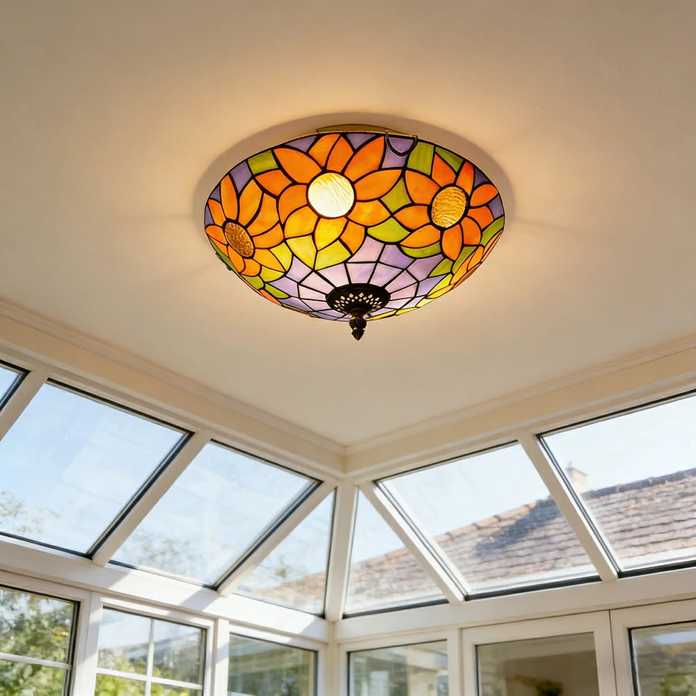 LIVARA Blue Sunflower Stained Glass Ceiling Light Handcrafted Vintage Mediterranean Ambient Lighting 30/40cm Living Bedroom Dining