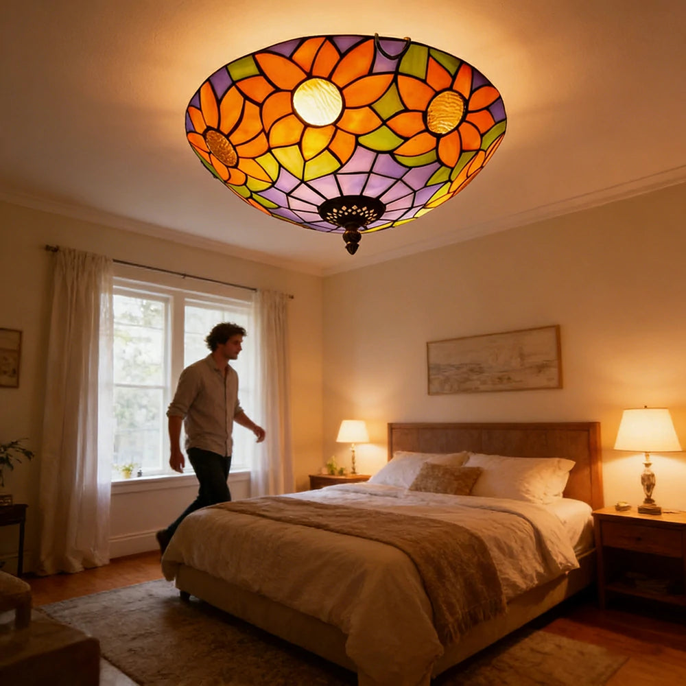 LIVARA Blue Sunflower Stained Glass Ceiling Light Handcrafted Vintage Mediterranean Ambient Lighting 30/40cm Living Bedroom Dining