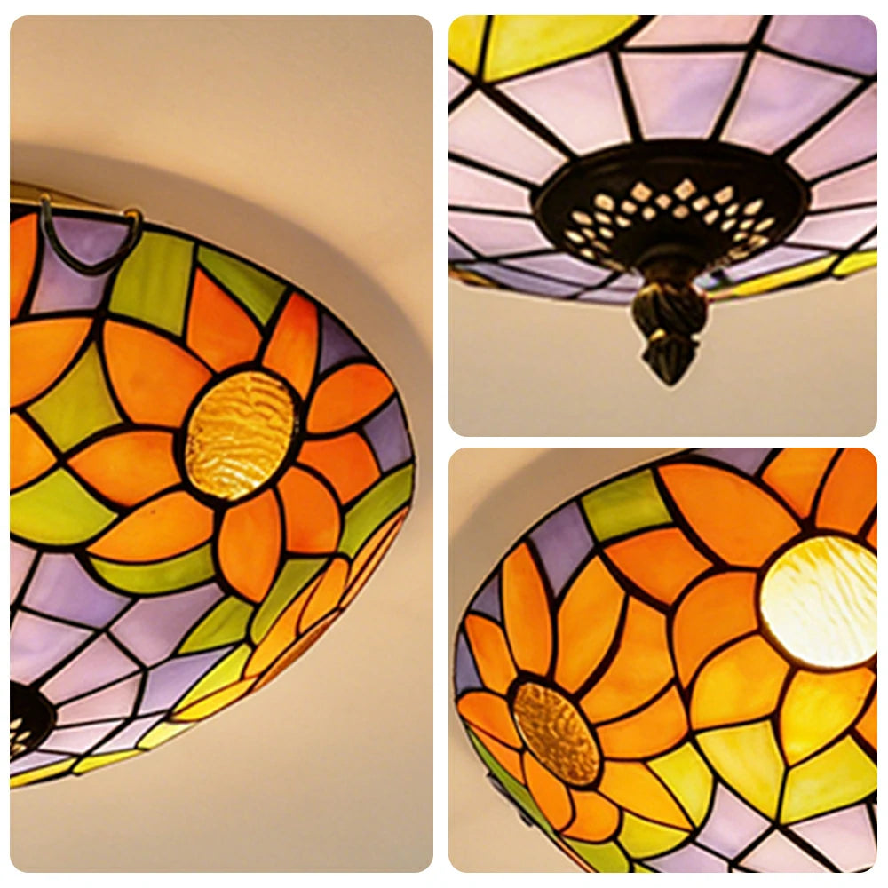 LIVARA Blue Sunflower Stained Glass Ceiling Light Handcrafted Vintage Mediterranean Ambient Lighting 30/40cm Living Bedroom Dining