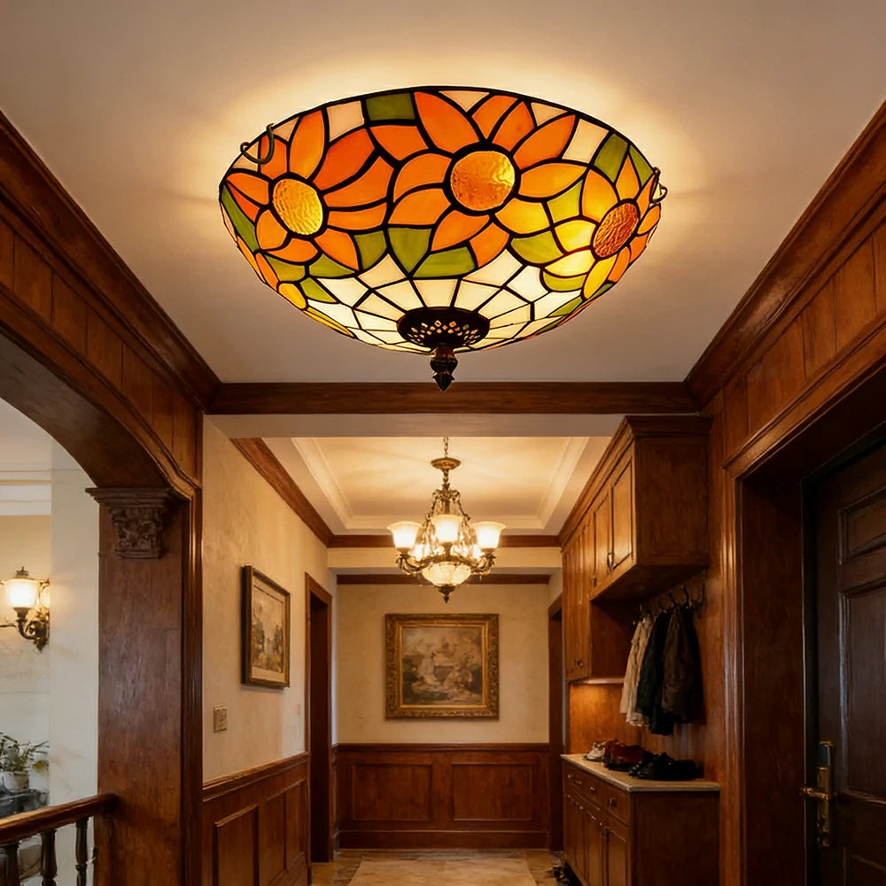 LIVARA White Sunflower Stained Glass Ceiling Light Handcrafted Vintage Mediterranean Ambient Lighting 30/40cm Living Bedroom Dining