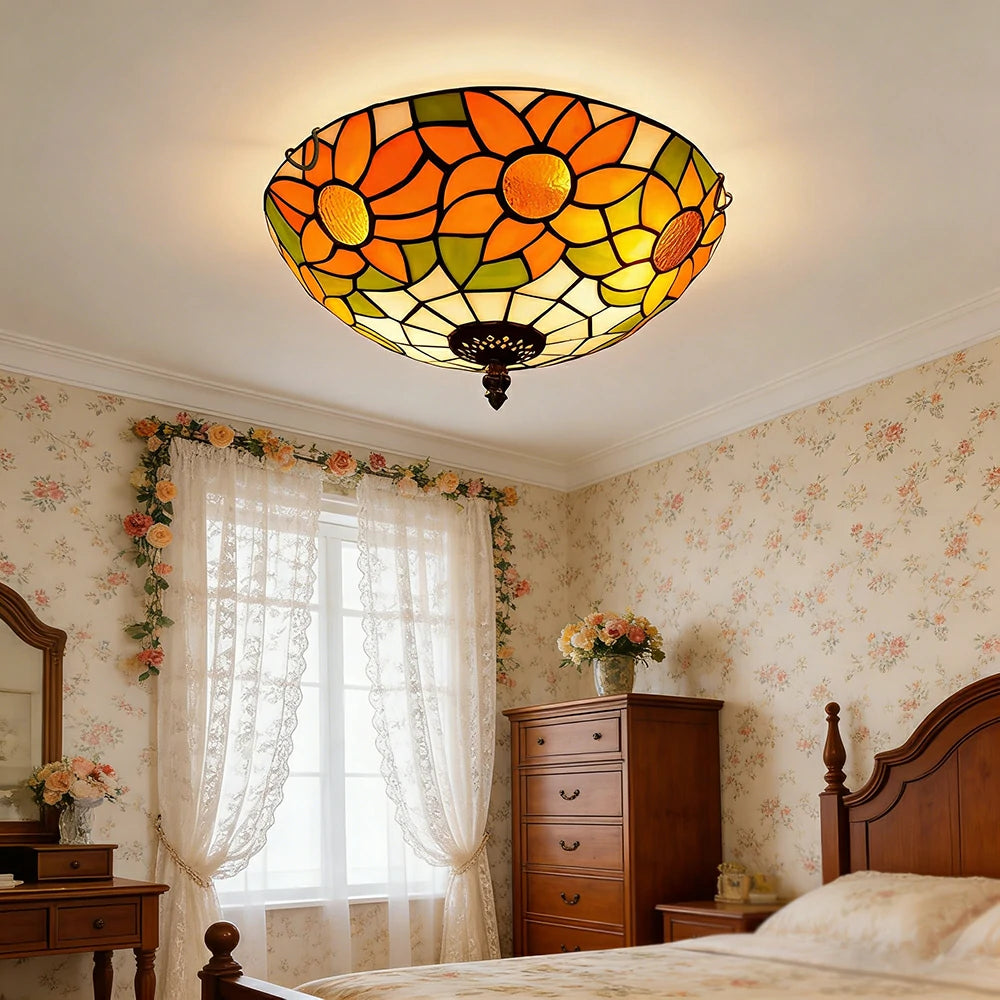 LIVARA White Sunflower Stained Glass Ceiling Light Handcrafted Vintage Mediterranean Ambient Lighting 30/40cm Living Bedroom Dining