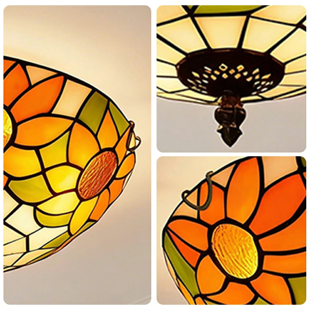 LIVARA White Sunflower Stained Glass Ceiling Light Handcrafted Vintage Mediterranean Ambient Lighting 30/40cm Living Bedroom Dining