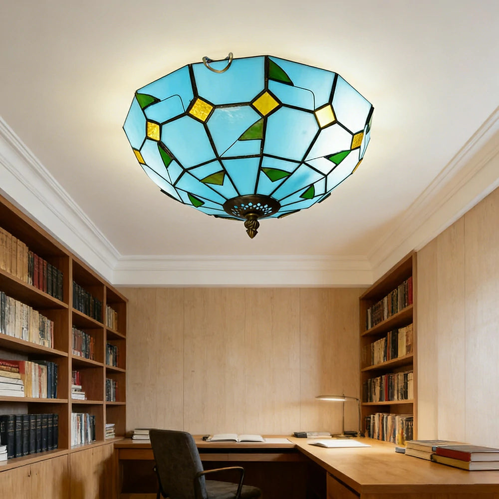 LIVARA Blue Leaf Stained Glass Ceiling Light Handcrafted Vintage Ambient Lighting 30/40cm Living Room Bedroom Dining