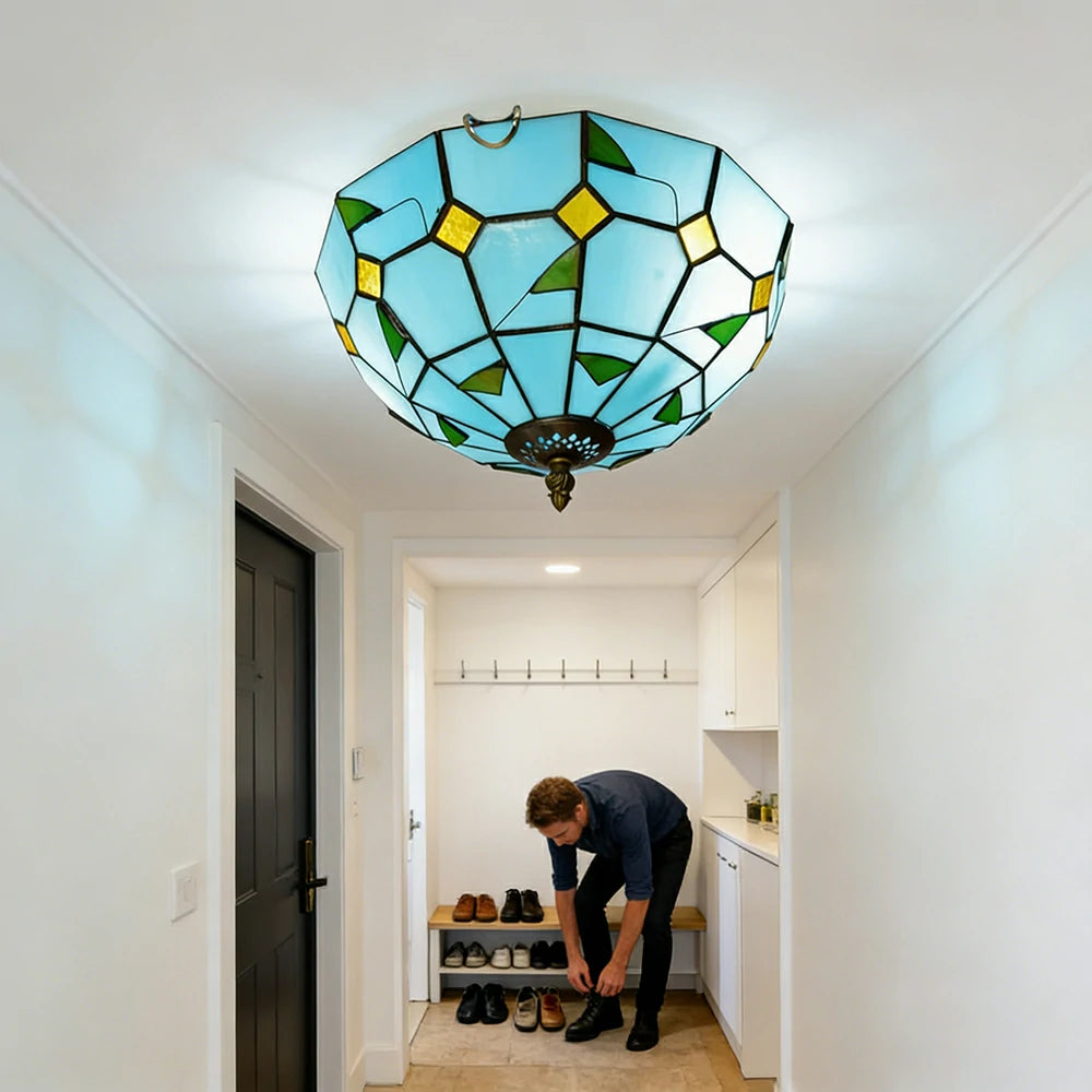 LIVARA Blue Leaf Stained Glass Ceiling Light Handcrafted Vintage Ambient Lighting 30/40cm Living Room Bedroom Dining