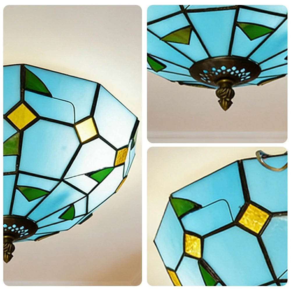 LIVARA Blue Leaf Stained Glass Ceiling Light Handcrafted Vintage Ambient Lighting 30/40cm Living Room Bedroom Dining