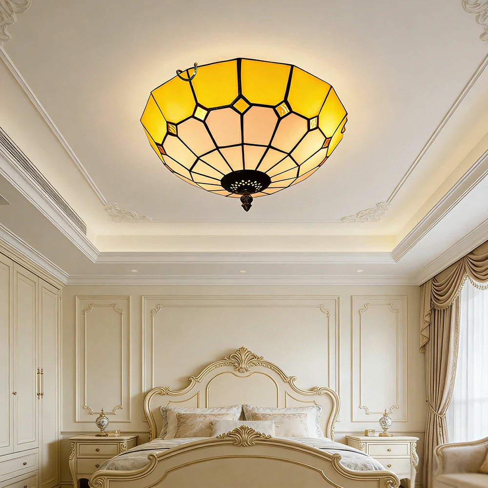 LIVARA Stained Glass Ceiling Light Handcrafted Vintage Ambient Lighting 30/40cm Living Room Bedroom Dining - Yellow