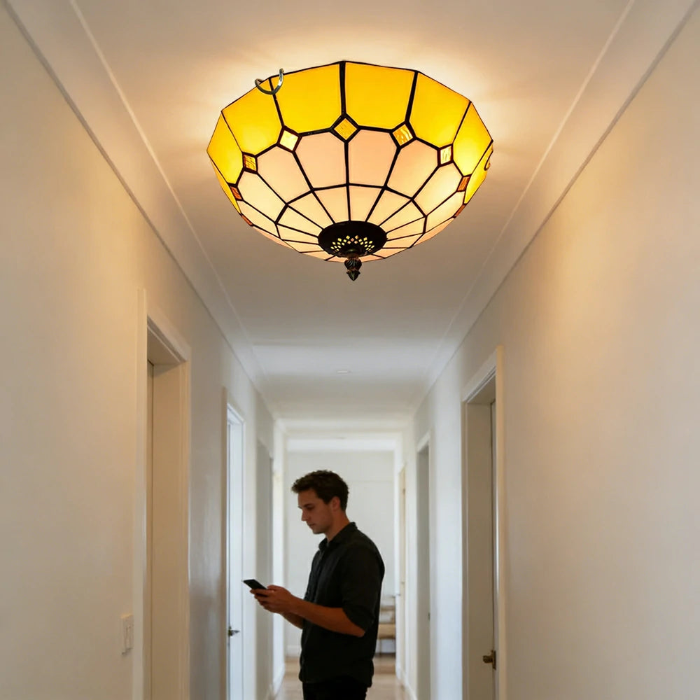 LIVARA Stained Glass Ceiling Light Handcrafted Vintage Ambient Lighting 30/40cm Living Room Bedroom Dining - Yellow