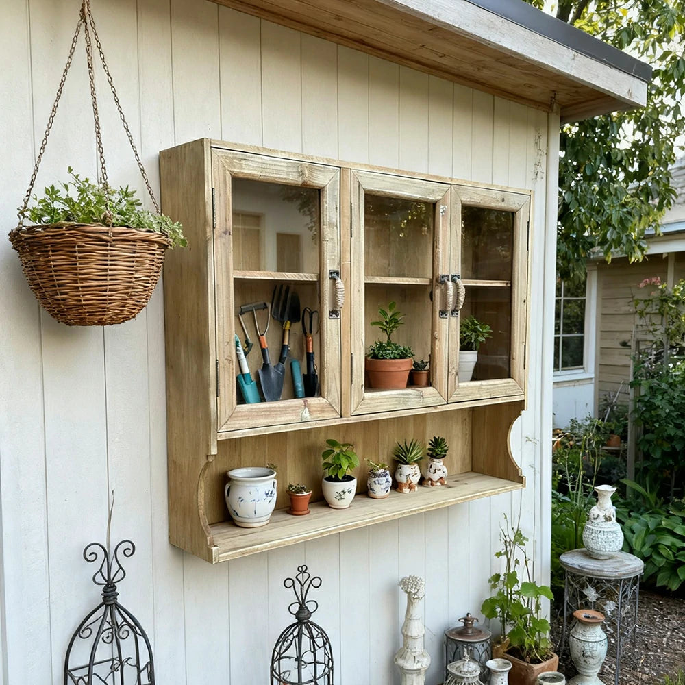 LIVARA Vintage Wall Cabinet - Glass Door Display Storage - Solid Wood Construction - Rustic Distressed Finish for Home or Boutique