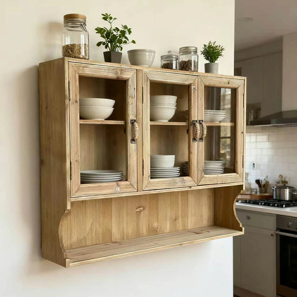 LIVARA Vintage Wall Cabinet - Glass Door Display Storage - Solid Wood Construction - Rustic Distressed Finish for Home or Boutique