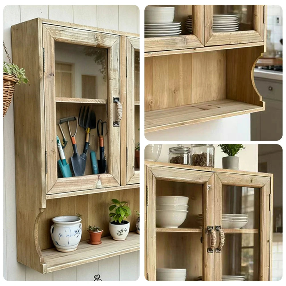 LIVARA Vintage Wall Cabinet - Glass Door Display Storage - Solid Wood Construction - Rustic Distressed Finish for Home or Boutique