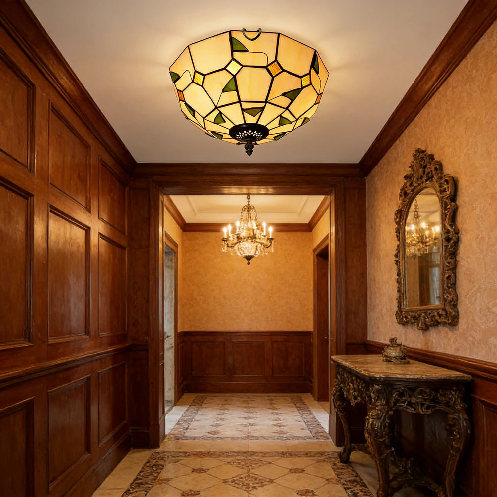 LIVARA Warm Leaf Stained Glass Ceiling Light Handcrafted Vintage Ambient Lighting 30/40cm Living Room Bedroom Dining