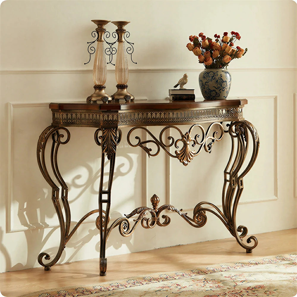 LIVARA Entryway Console Table - Vintage Iron Frame Display Table for Hallway - Antique Brown