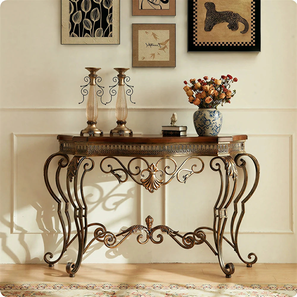 LIVARA Entryway Console Table - Vintage Iron Frame Display Table for Hallway - Antique Brown