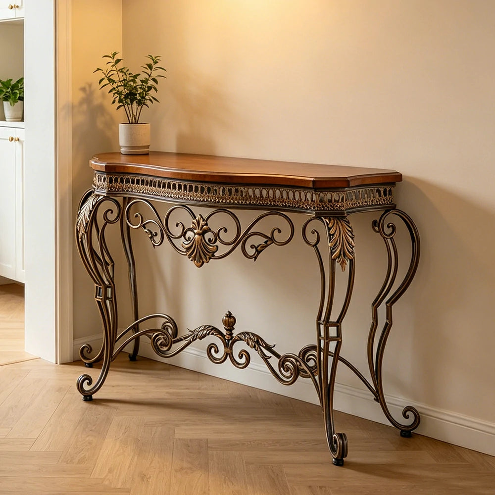 LIVARA Entryway Console Table - Vintage Iron Frame Display Table for Hallway - Antique Brown