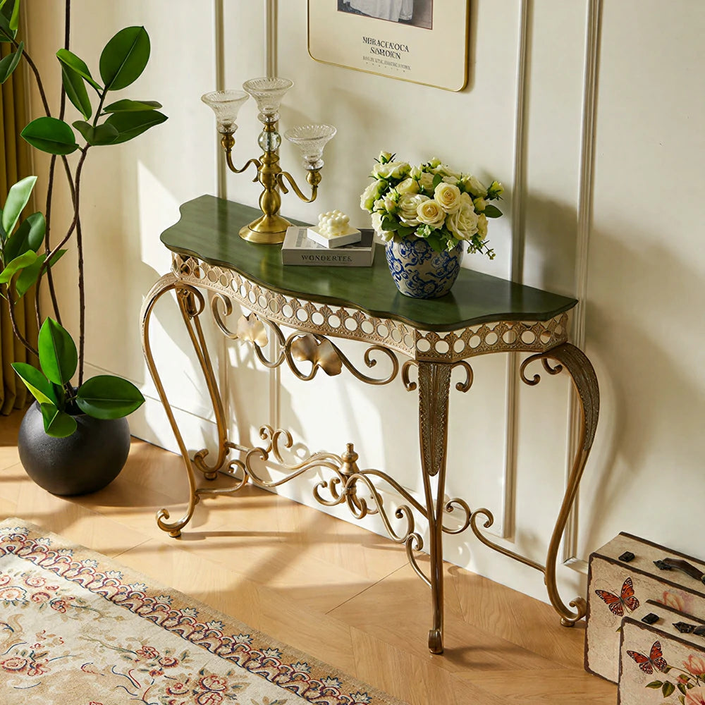 LIVARA Jinyun Entryway Console Table - Curved Metal Frame Display Table for Hallway - Antique Gold