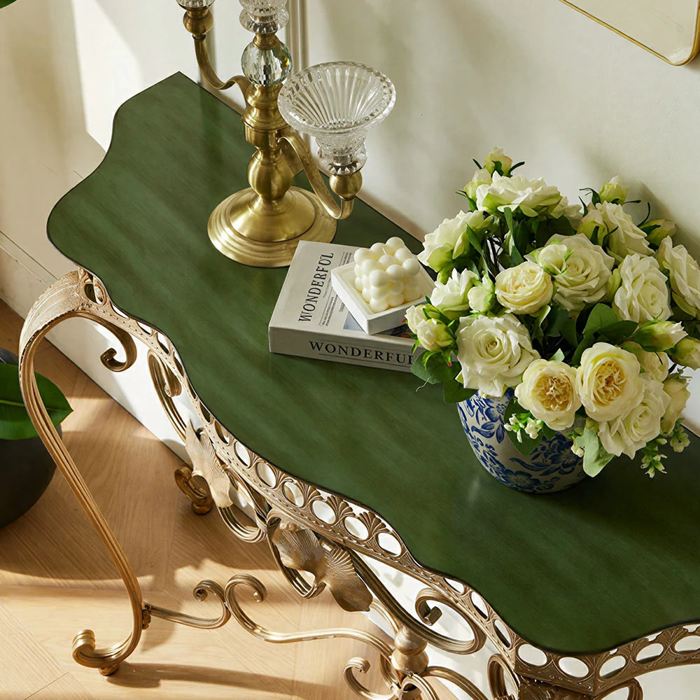 LIVARA Jinyun Entryway Console Table - Curved Metal Frame Display Table for Hallway - Antique Gold