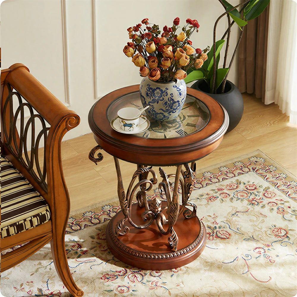 LIVARA Amber Round Side Table - Vintage Solid Wood Accent Table for Sofa Corner - Antique Bronze