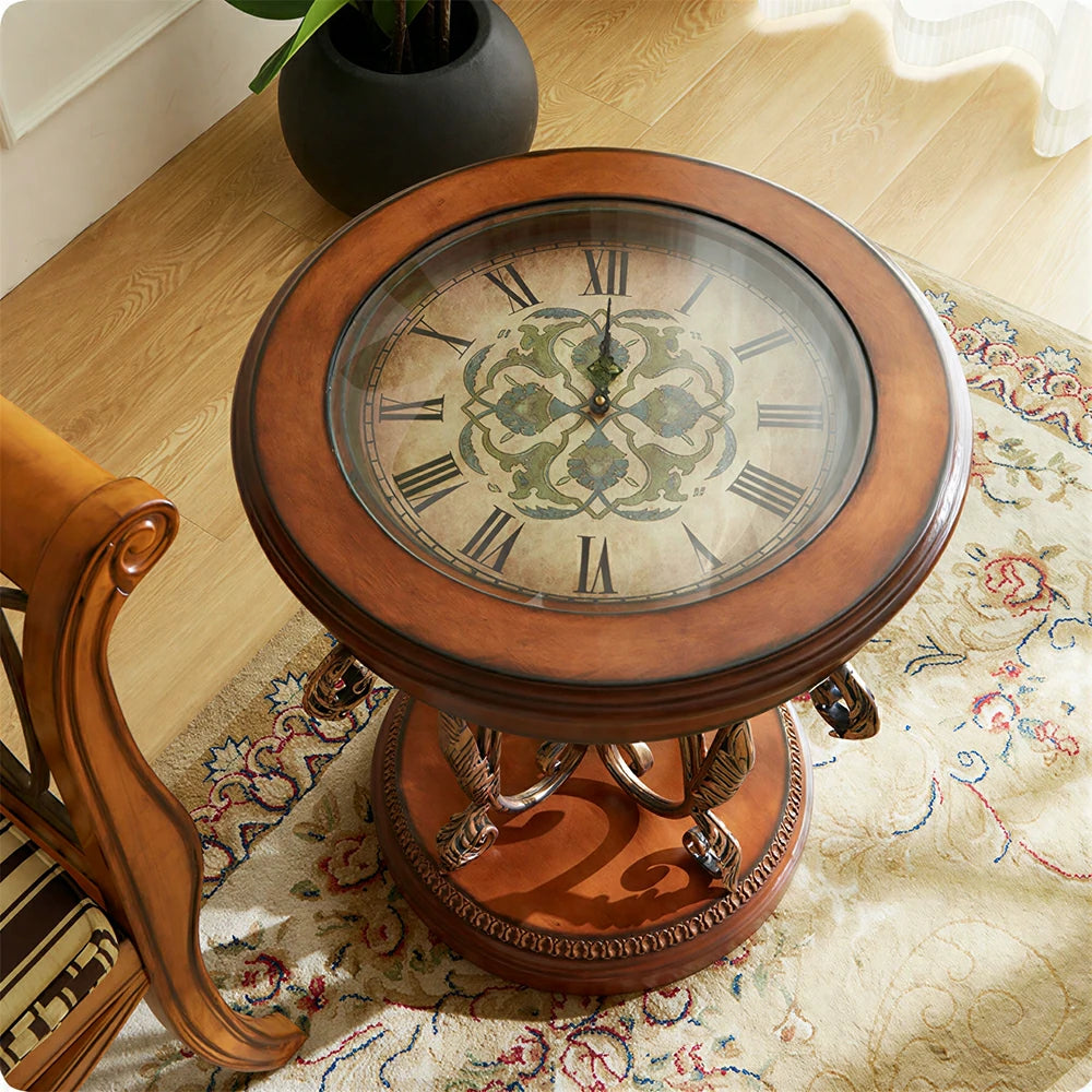 LIVARA Amber Round Side Table - Vintage Solid Wood Accent Table for Sofa Corner - Antique Bronze