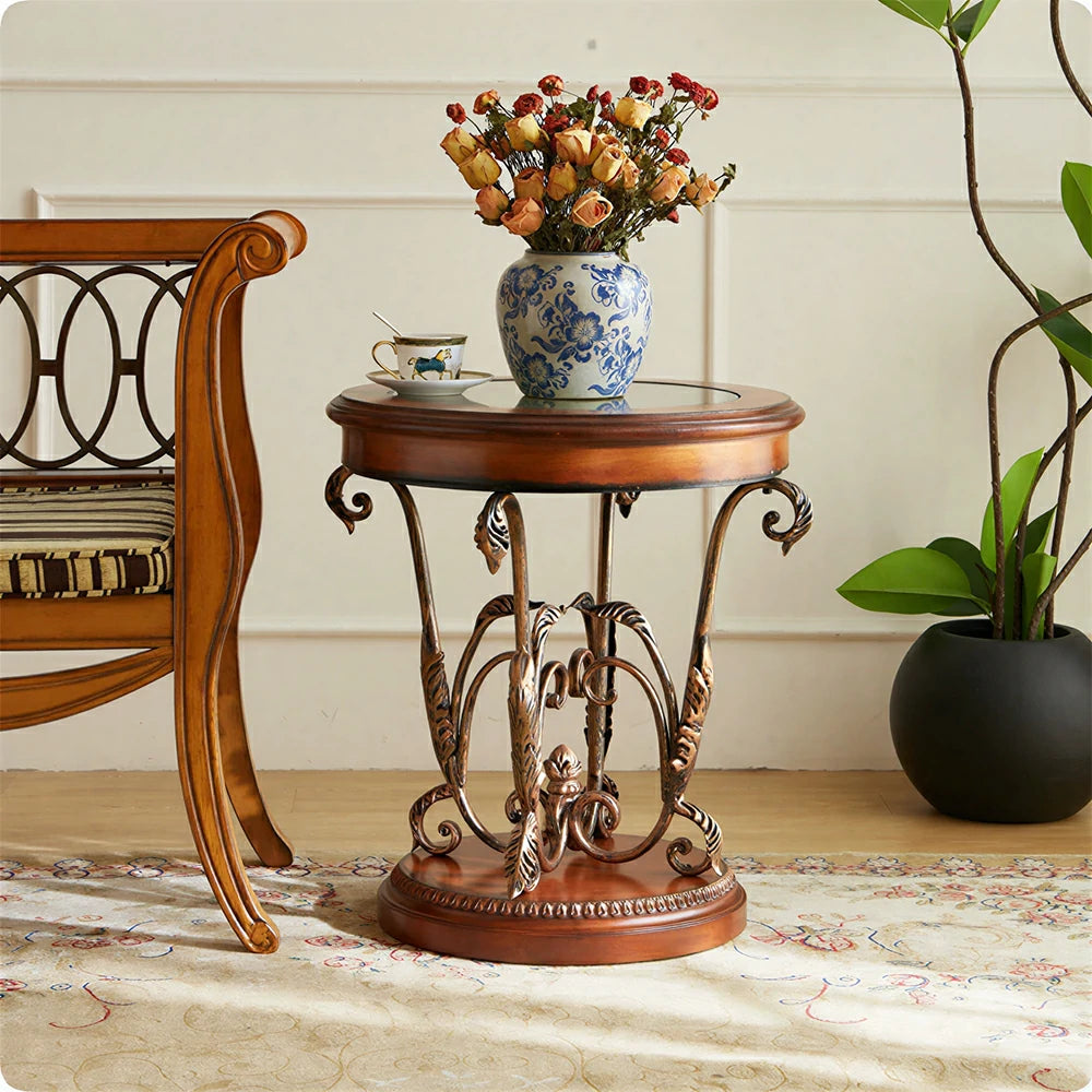 LIVARA Amber Round Side Table - Vintage Solid Wood Accent Table for Sofa Corner - Antique Bronze