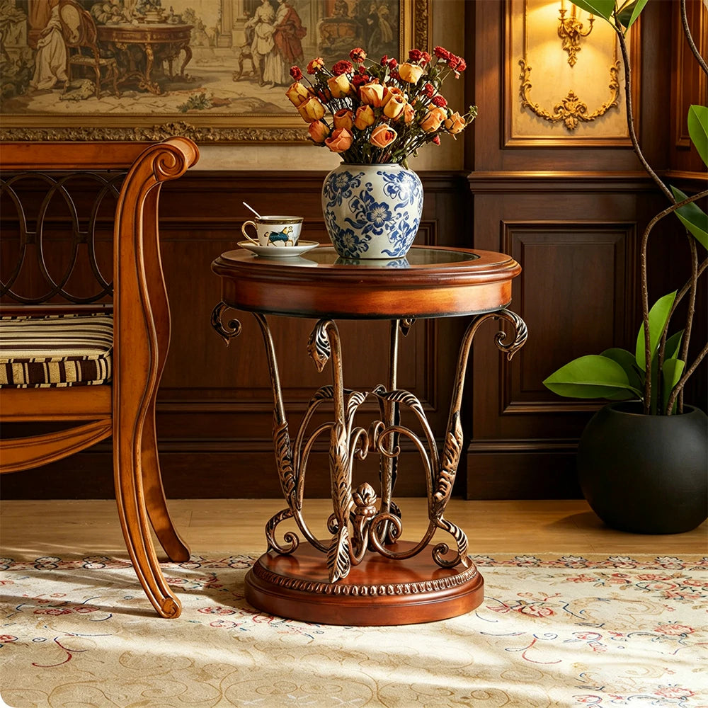 LIVARA Amber Round Side Table - Vintage Solid Wood Accent Table for Sofa Corner - Antique Bronze