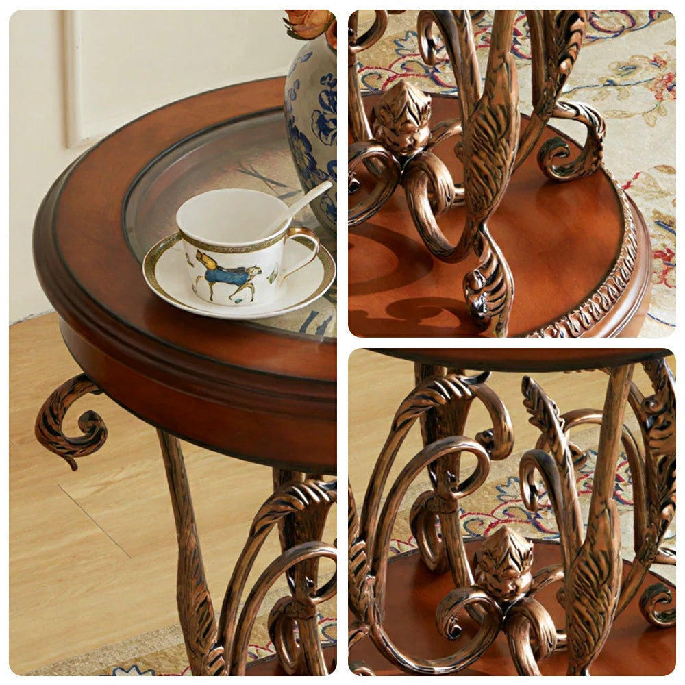 LIVARA Amber Round Side Table - Vintage Solid Wood Accent Table for Sofa Corner - Antique Bronze