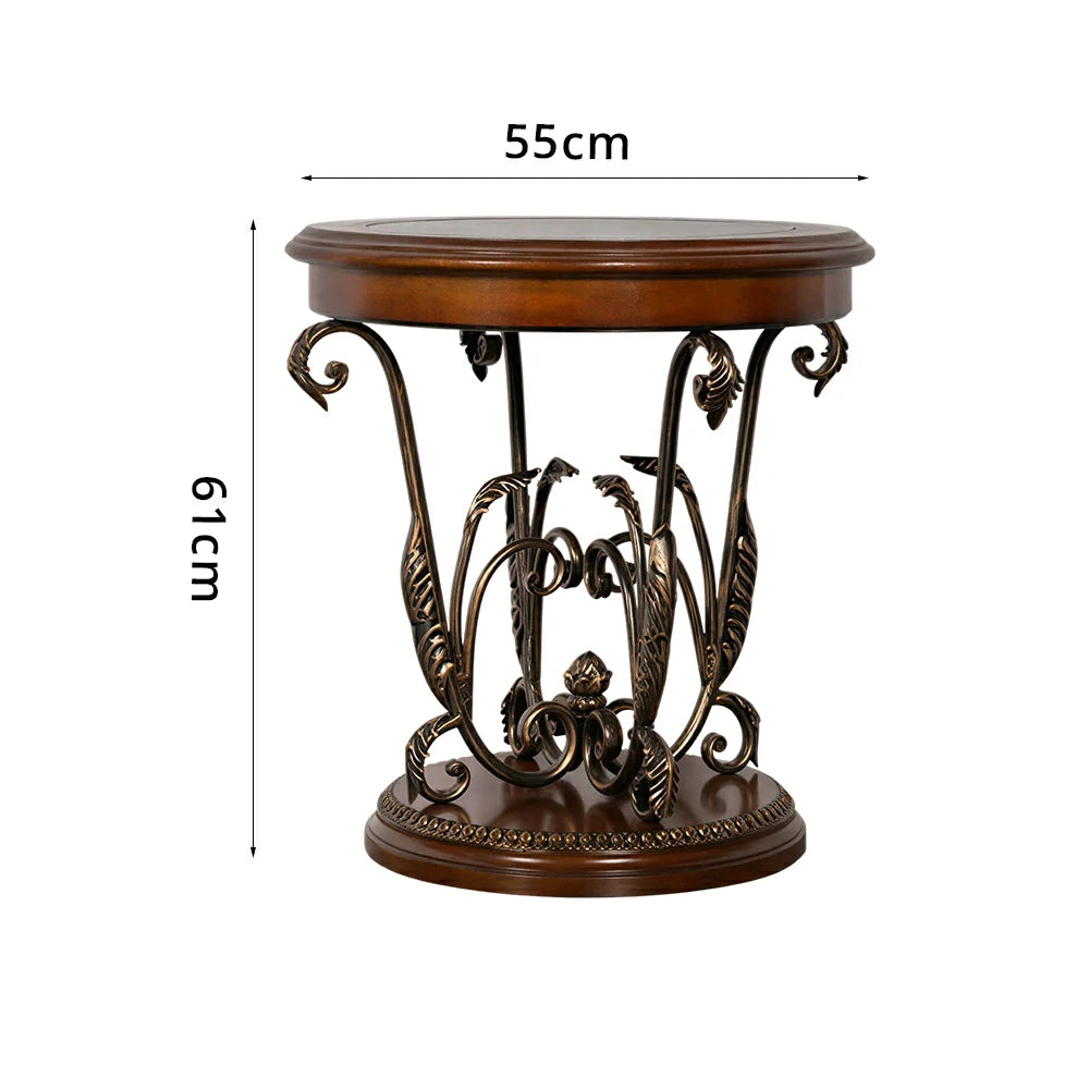 LIVARA Amber Round Side Table - Vintage Solid Wood Accent Table for Sofa Corner - Antique Bronze