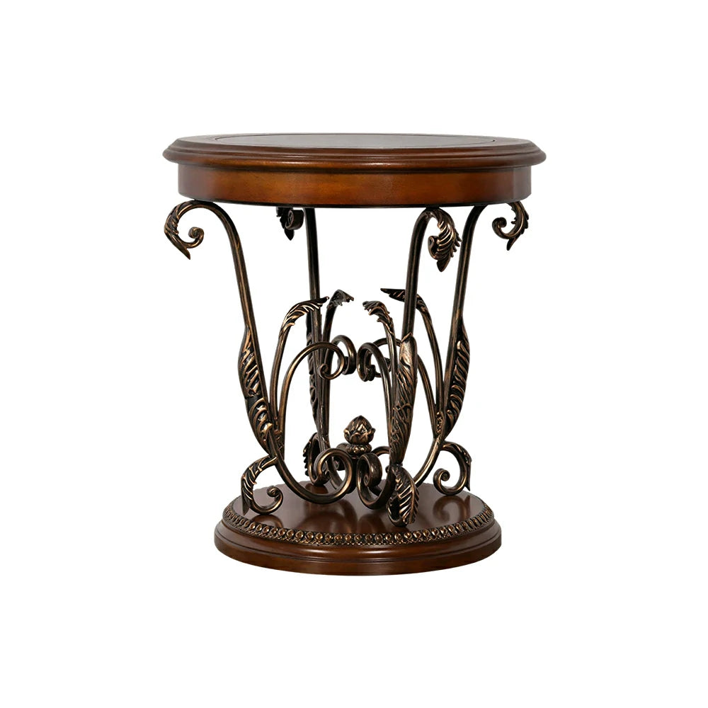 LIVARA Amber Round Side Table - Vintage Solid Wood Accent Table for Sofa Corner - Antique Bronze