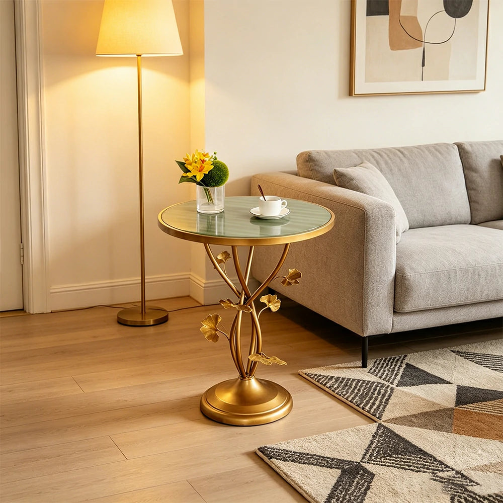 LIVARA Artistic Round Side Table - Vintage Metal Accent Table for Balcony Living Room - Green Gold