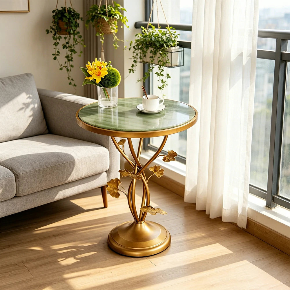 LIVARA Artistic Round Side Table - Vintage Metal Accent Table for Balcony Living Room - Green Gold