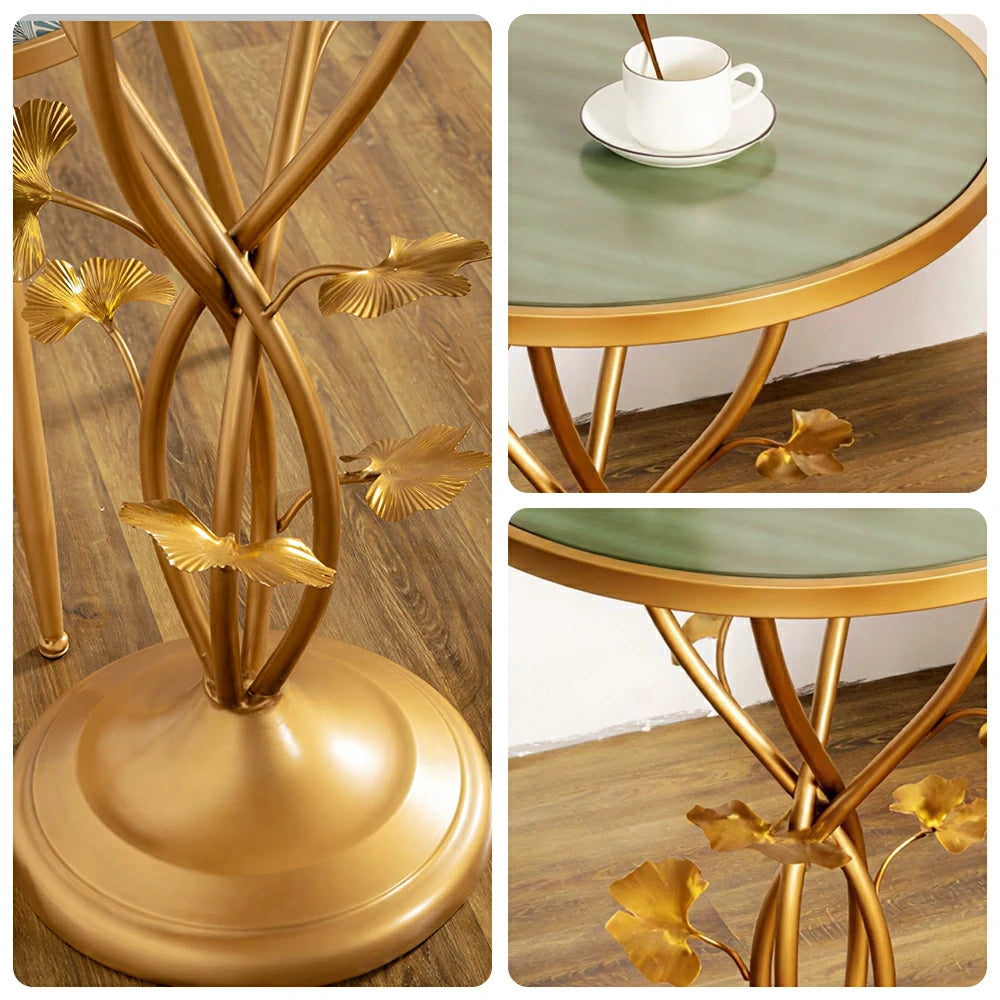 LIVARA Artistic Round Side Table - Vintage Metal Accent Table for Balcony Living Room - Green Gold