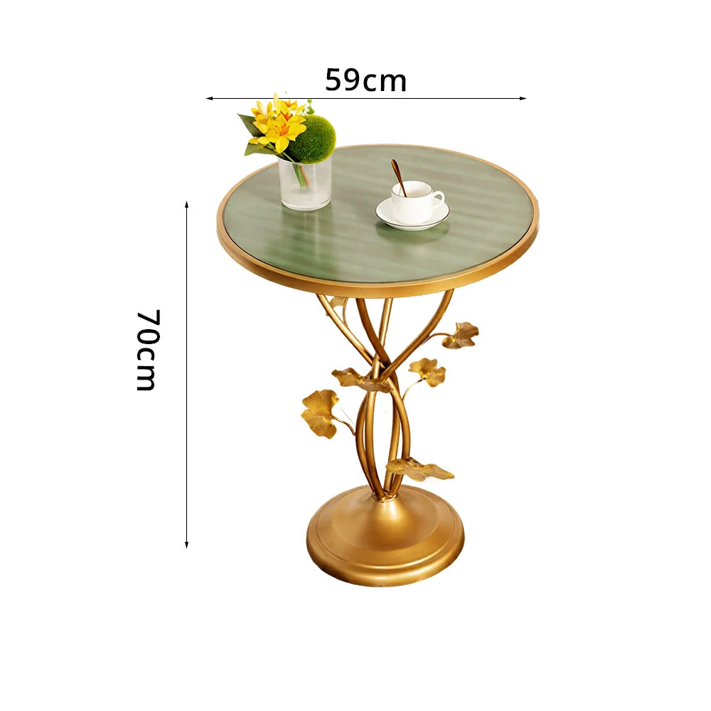 LIVARA Artistic Round Side Table - Vintage Metal Accent Table for Balcony Living Room - Green Gold