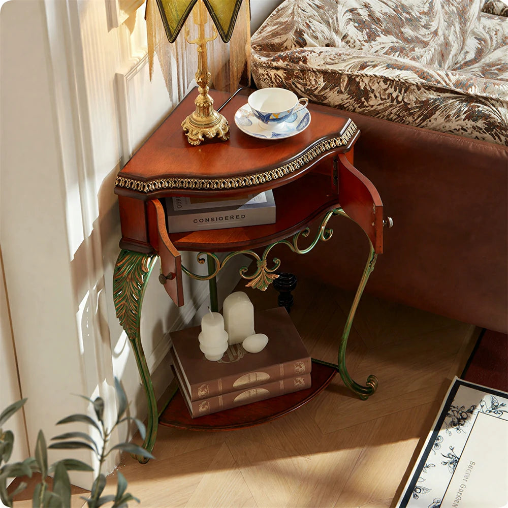 LIVARA Triangular Corner Cabinet - Birch Wood and Metal Side Table for Bedroom - Vintage Wood