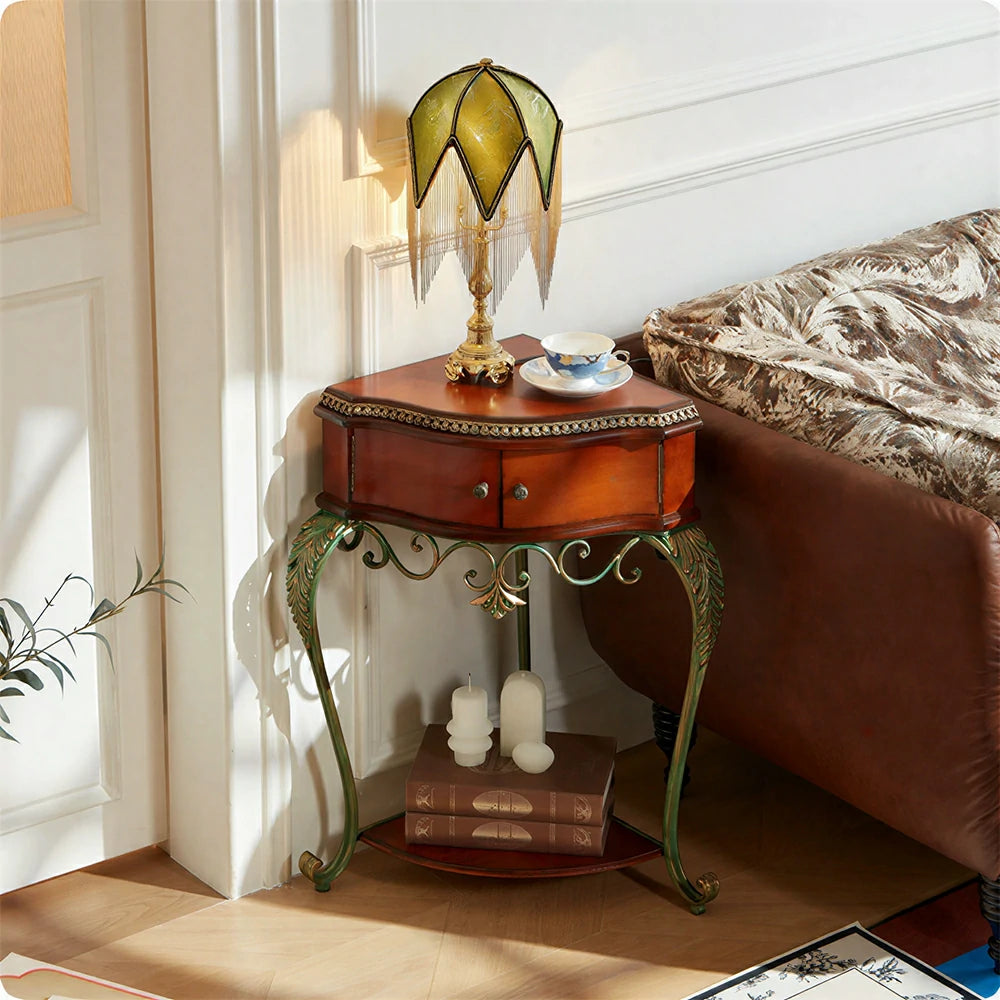 LIVARA Triangular Corner Cabinet - Birch Wood and Metal Side Table for Bedroom - Vintage Wood