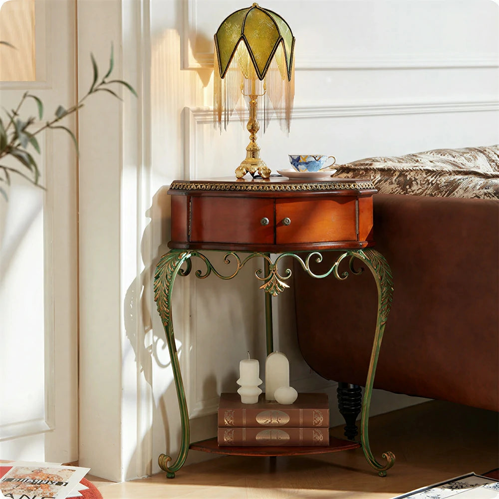 LIVARA Triangular Corner Cabinet - Birch Wood and Metal Side Table for Bedroom - Vintage Wood