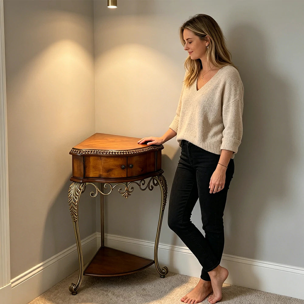 LIVARA Triangular Corner Cabinet - Birch Wood and Metal Side Table for Bedroom - Vintage Wood