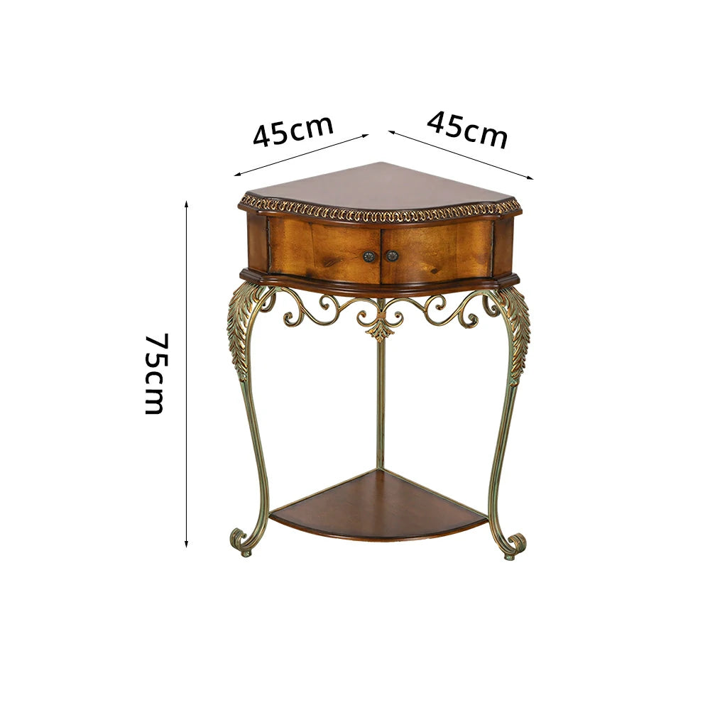 LIVARA Triangular Corner Cabinet - Birch Wood and Metal Side Table for Bedroom - Vintage Wood