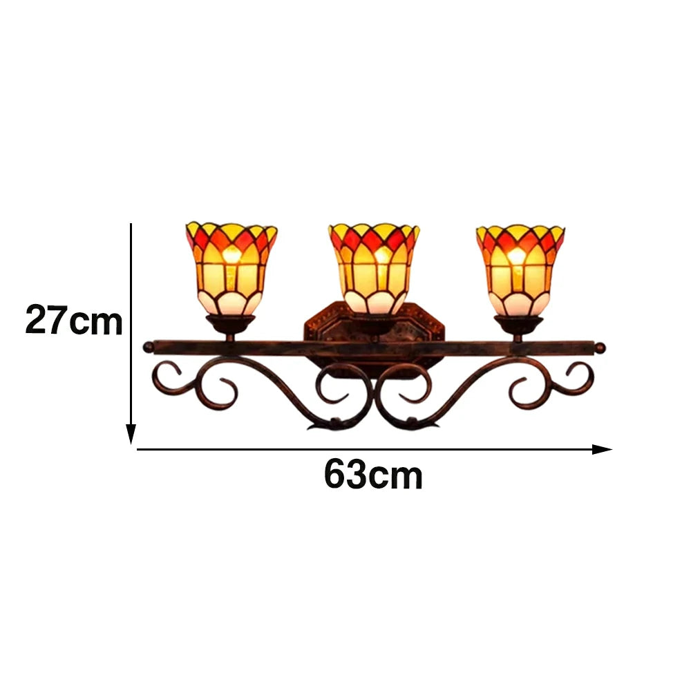 LIVARA European Vintage Red Flower 3-Light Wall Light Stained Glass Handcrafted Iron Frame 63cm Living Room Bedroom Dining