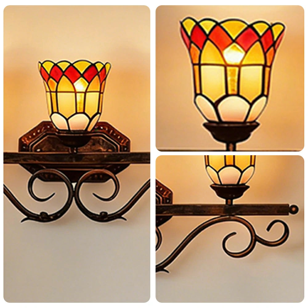 LIVARA European Vintage Red Flower 3-Light Wall Light Stained Glass Handcrafted Iron Frame 63cm Living Room Bedroom Dining
