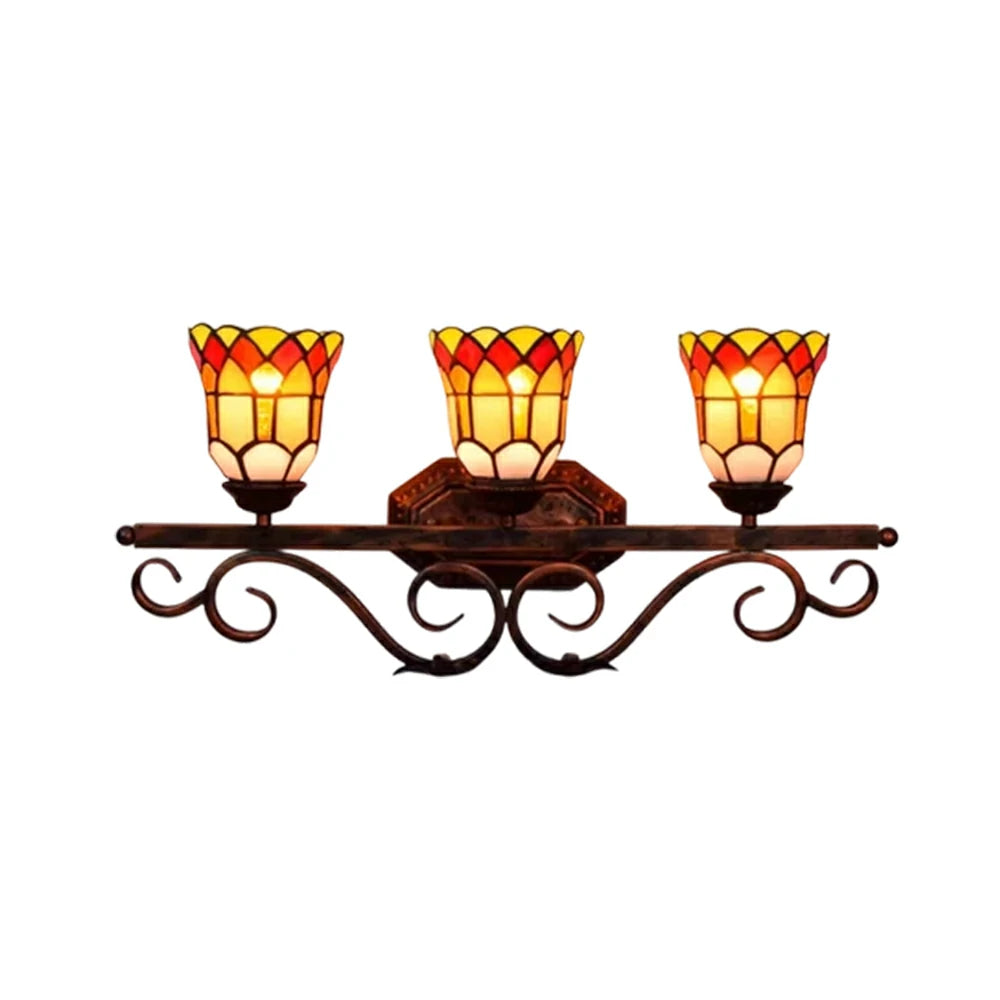 LIVARA European Vintage Red Flower 3-Light Wall Light Stained Glass Handcrafted Iron Frame 63cm Living Room Bedroom Dining