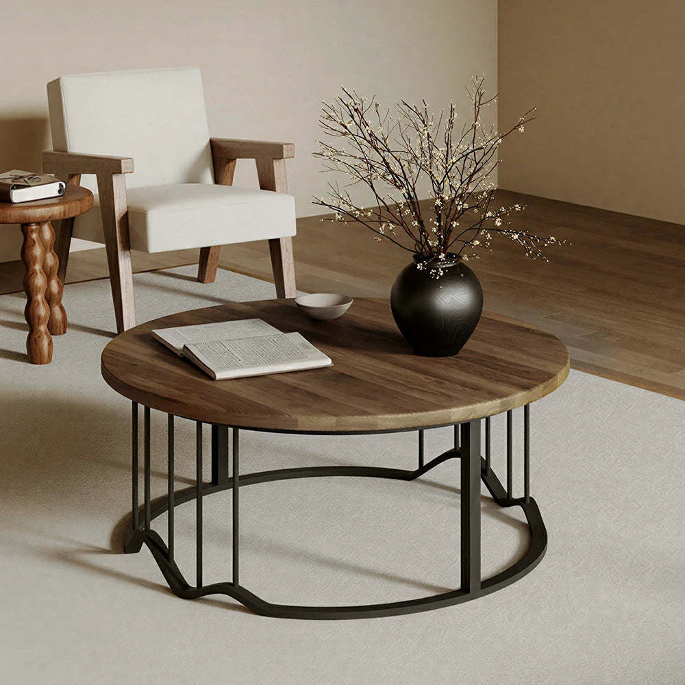 LIVARA Round Coffee Table - 100cm Wood Grain Table with Metal Frame for Living Room - Walnut