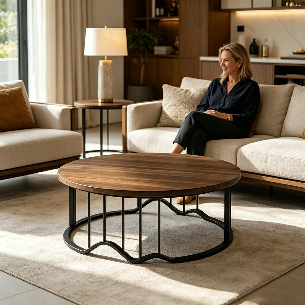 LIVARA Round Coffee Table - 100cm Wood Grain Table with Metal Frame for Living Room - Walnut