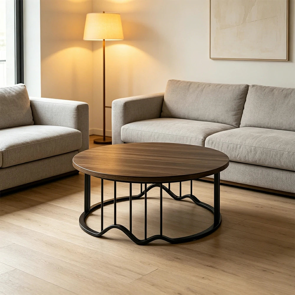 LIVARA Round Coffee Table - 100cm Wood Grain Table with Metal Frame for Living Room - Walnut