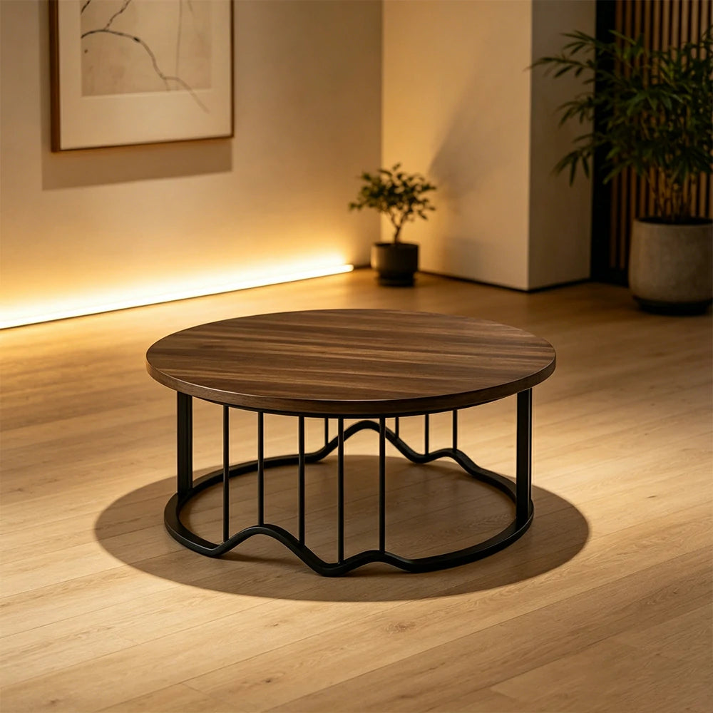 LIVARA Round Coffee Table - 100cm Wood Grain Table with Metal Frame for Living Room - Walnut